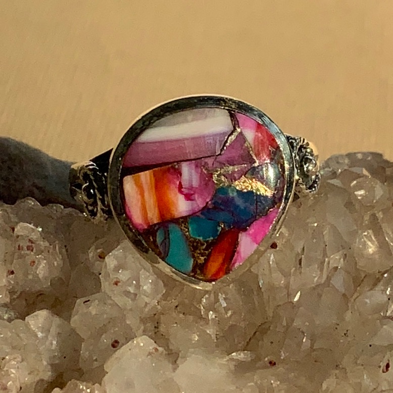 Orange Kingman Dahlia Turquoise 925 Sterling Silver Ring Size 8 60$